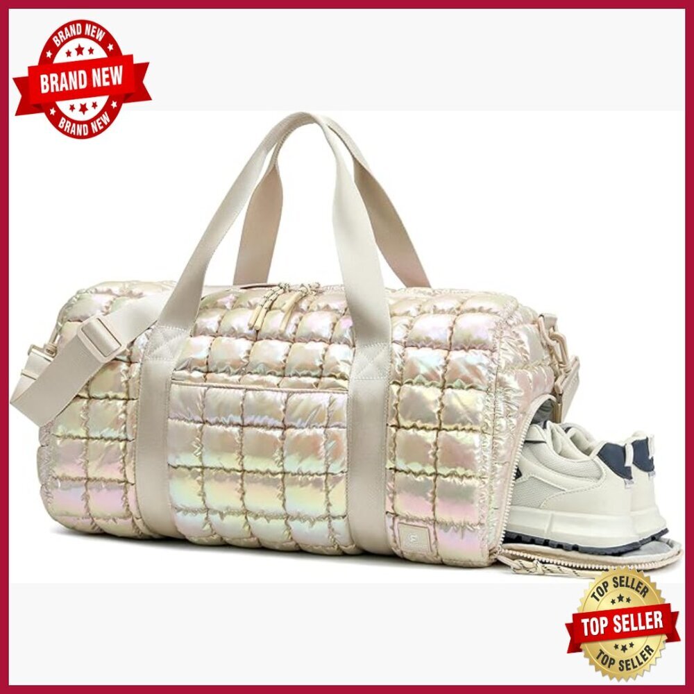 Large Quilted Duffel Bag with Shoe Compartment, Waterproof Gym Travel Tote